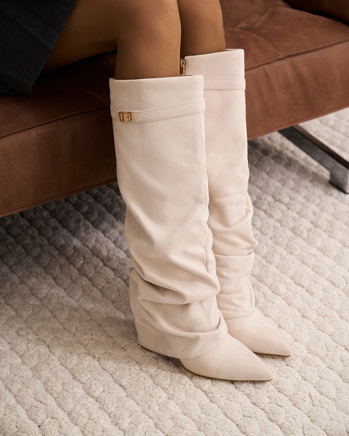 Mirelle Slouchy Suede knee high boots - Creamy